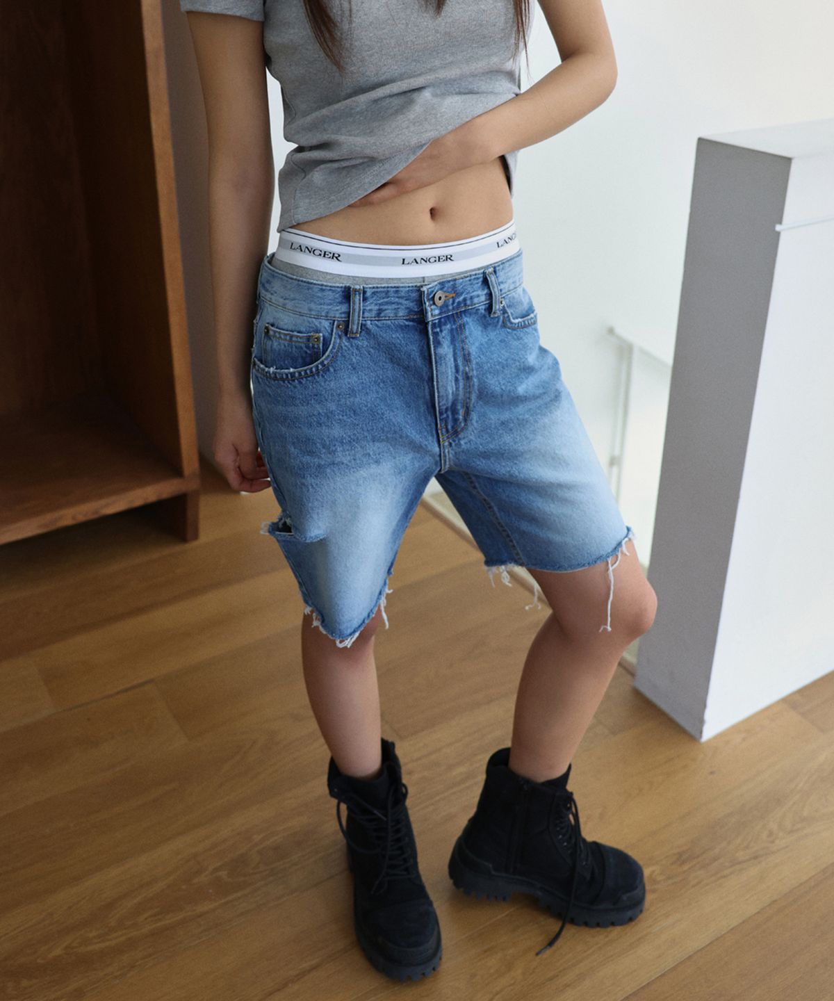 랑거(LANGER) [PLC] 80s distressed cut-off half jeans_blue