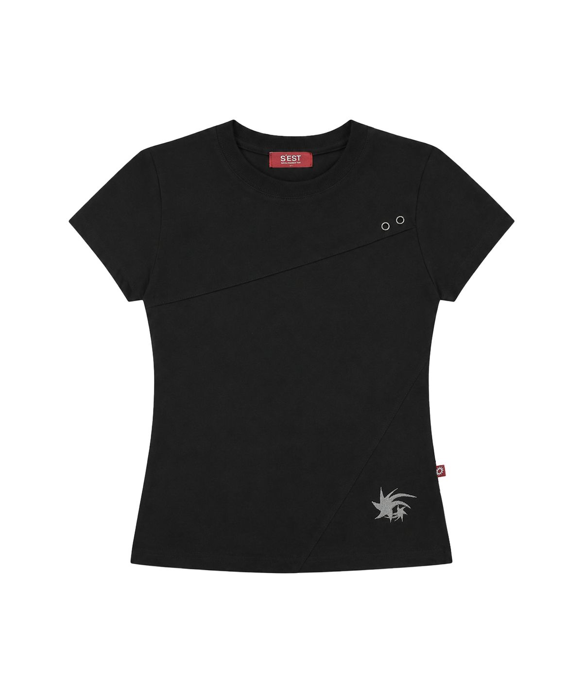 에스이에스티(S'EST) Crop Eyelet Cut-out T-shirts Black
