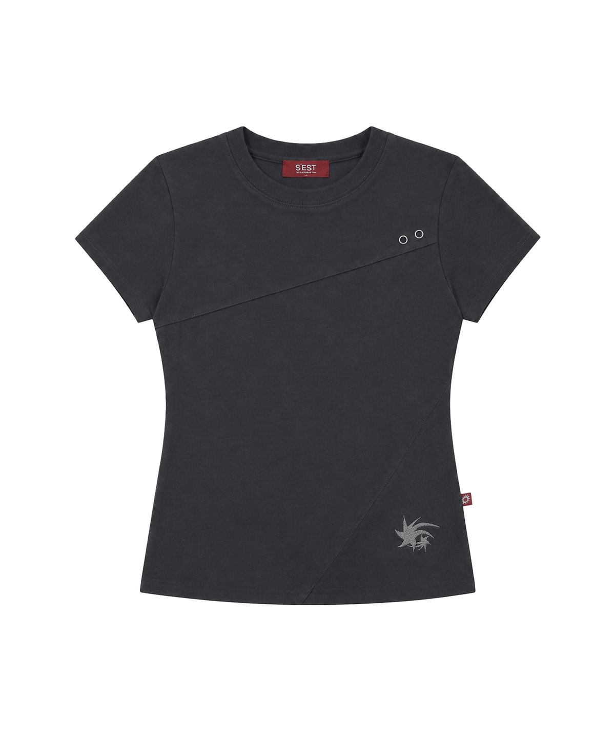 에스이에스티(S'EST) Crop Eyelet Cut-out T-shirts Charcoal