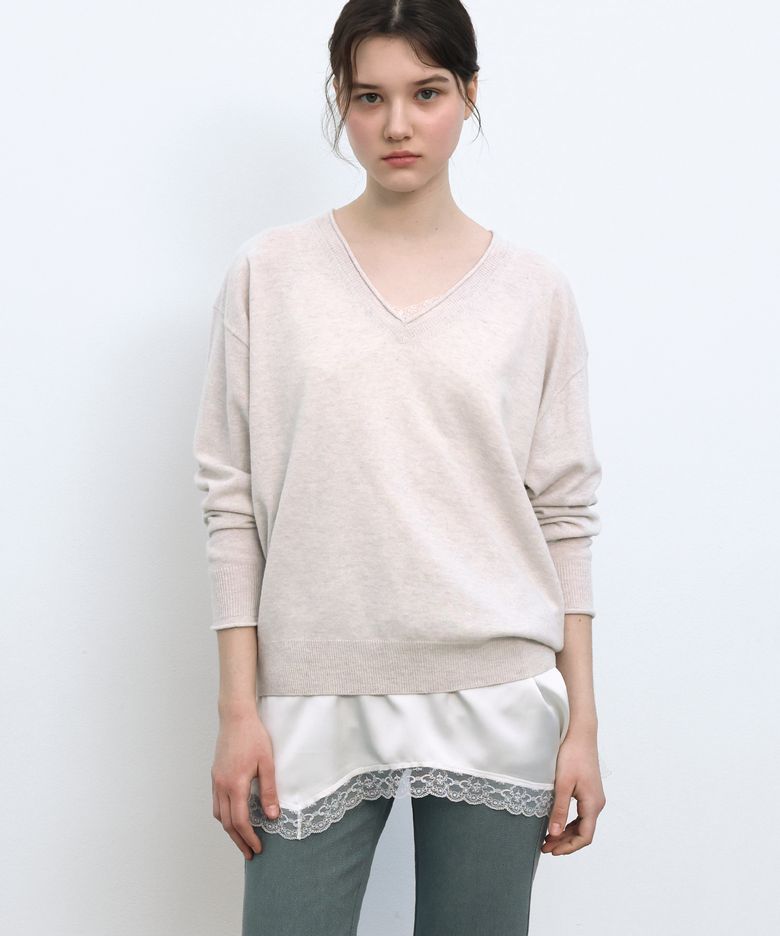 V NECK WOOL KNIT - OYSTER