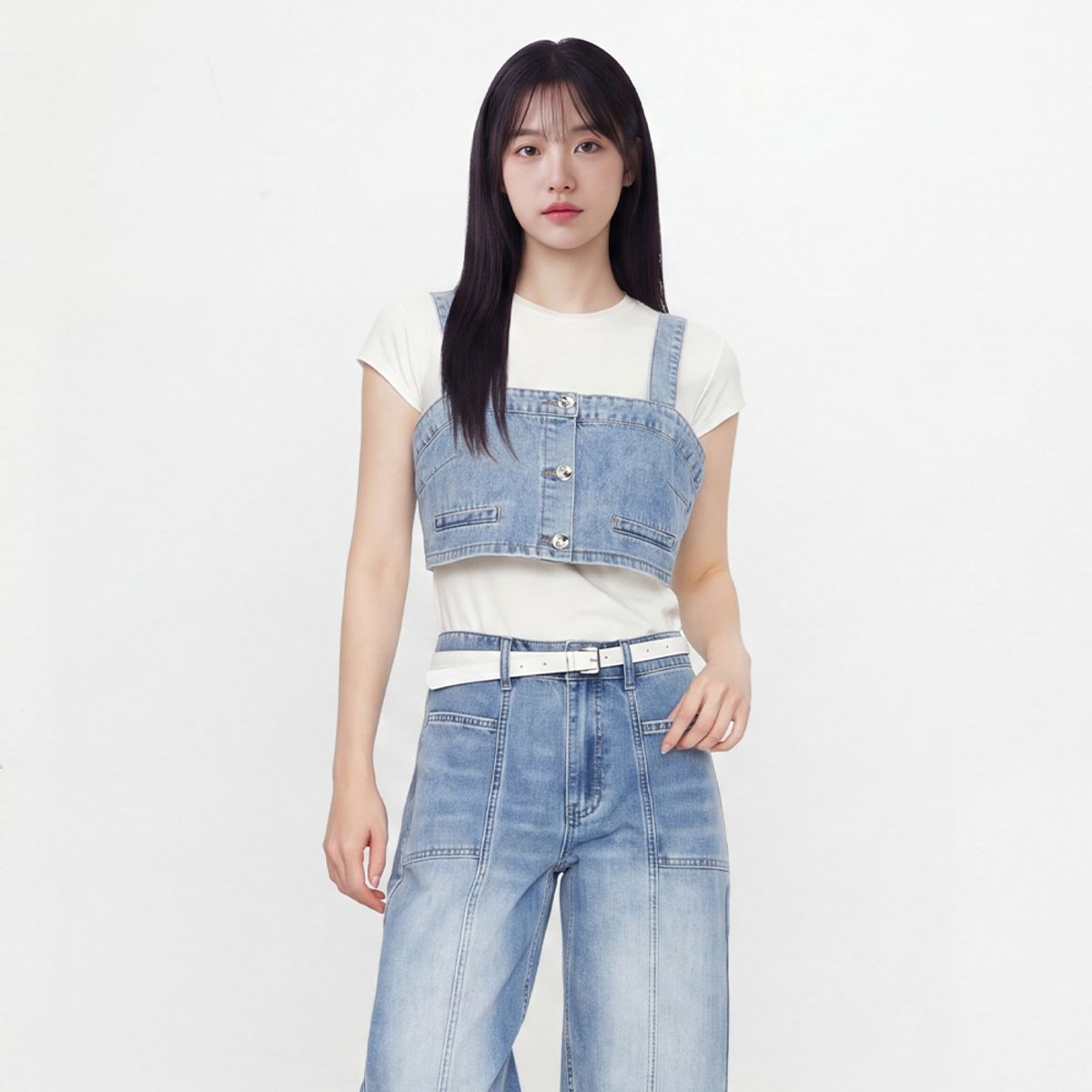 랩(LAP) 단추 크랍 스모킹 데님뷔스티에 AS2DB565