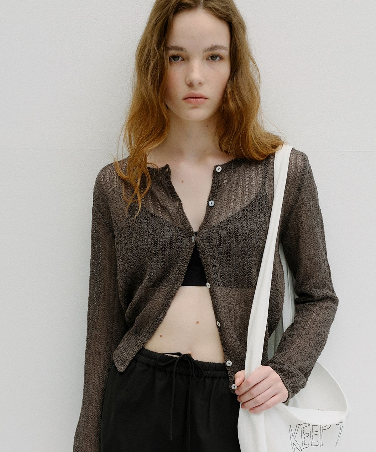 블랭크03(BLANK03) linen crochet cardigan (ash brown)