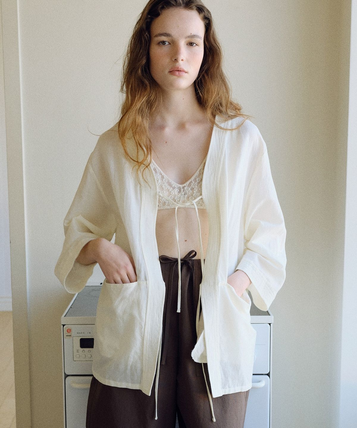 블랭크03(BLANK03) linen stitch robe jacket (cream)