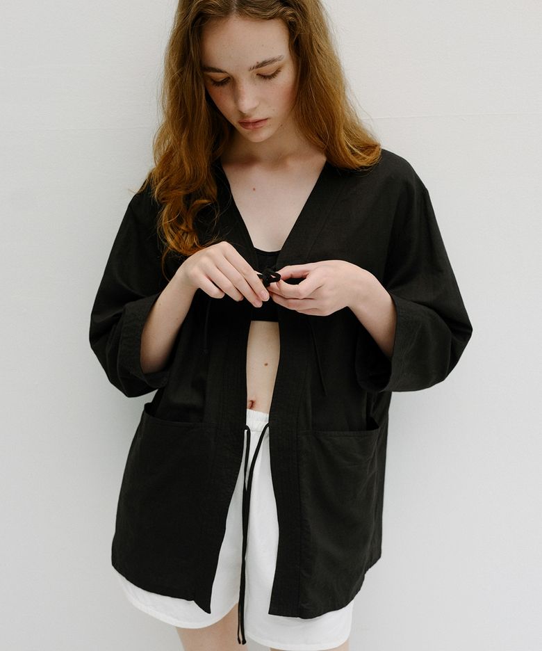 linen stitch robe jacket (black)