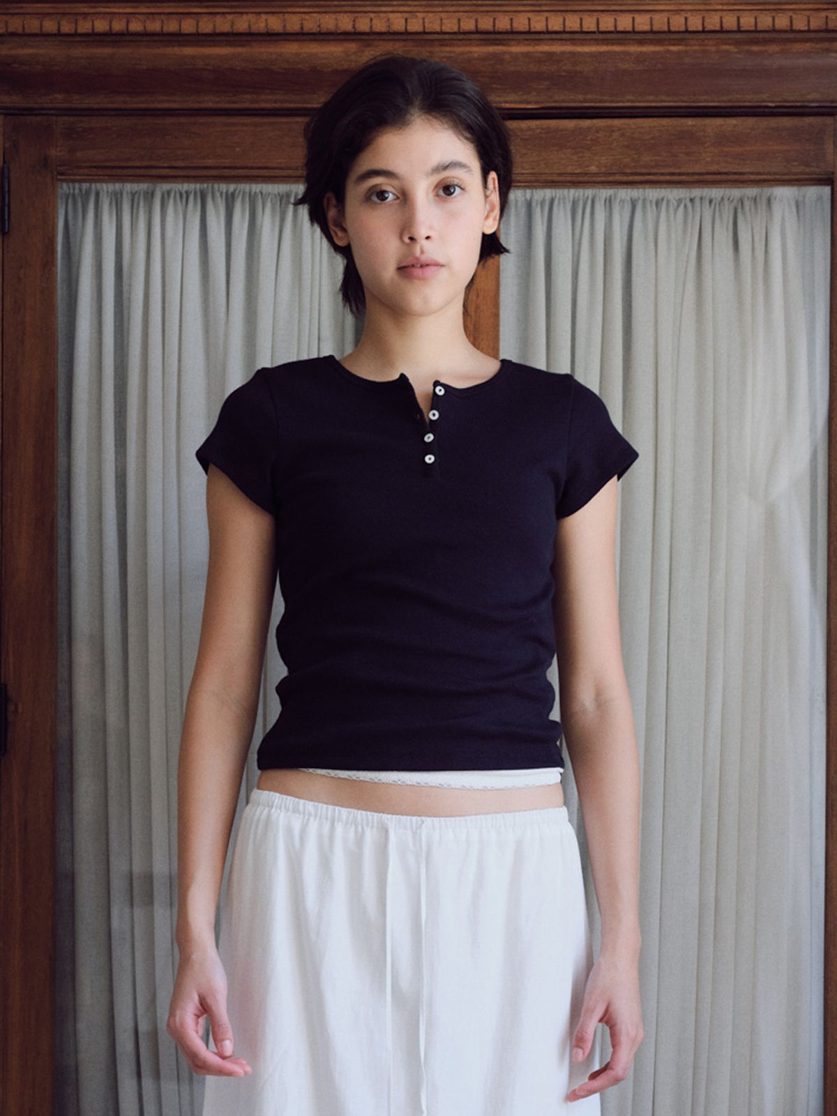 베이오드(BAIE OUD) Henley short-sleeve T-shirt_navy