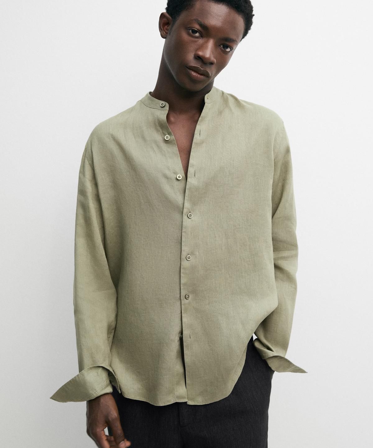 마시모두띠(MASSIMO DUTTI) 100% 린넨 레귤러 핏 스탠드 칼라 셔츠