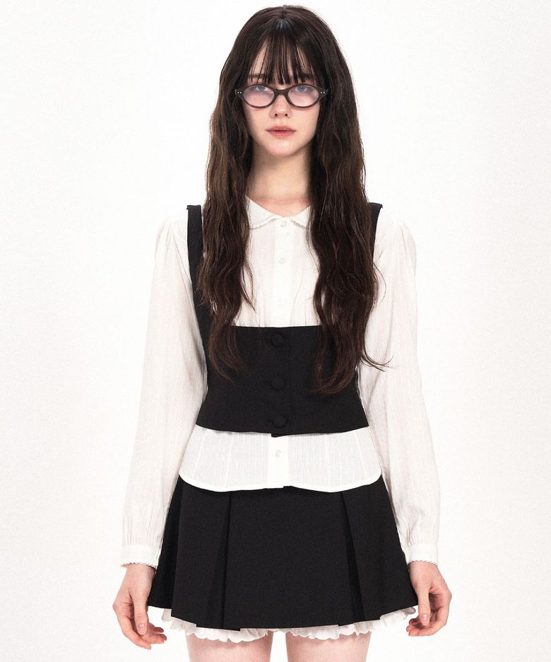 RIBBON FRILLY WAIST VEST - BLACK