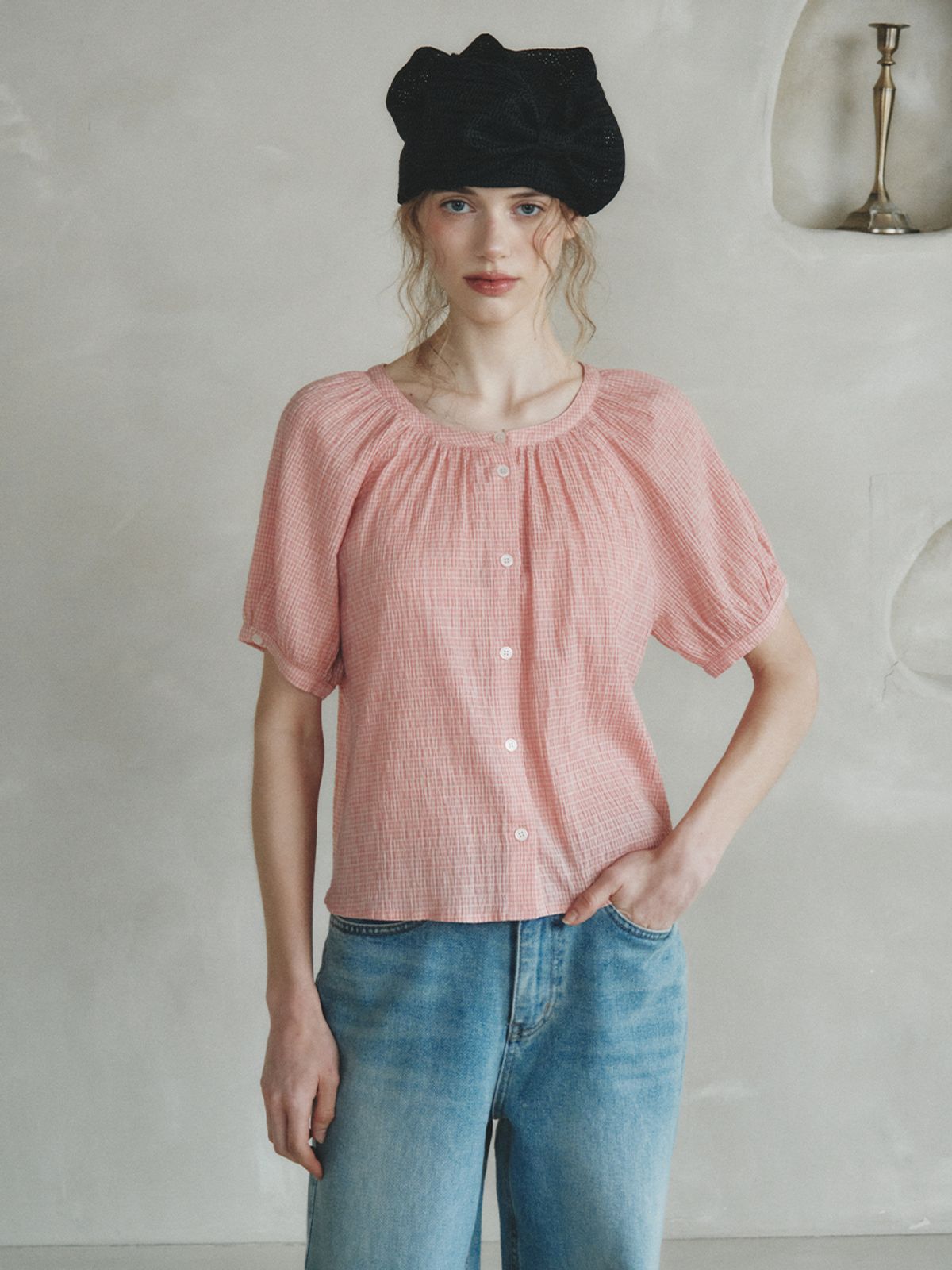 르니나(LENINA) CHLOE raglan check blouse_RED