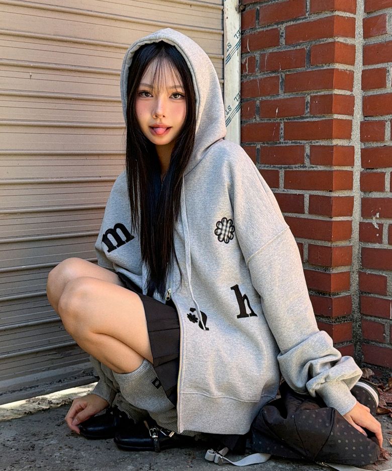 체크플라워 패치 오버핏 후드집업 [그레이]