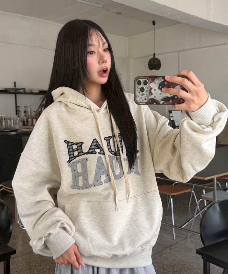 도트 체크 패치 루즈핏 후드티 [오트밀]