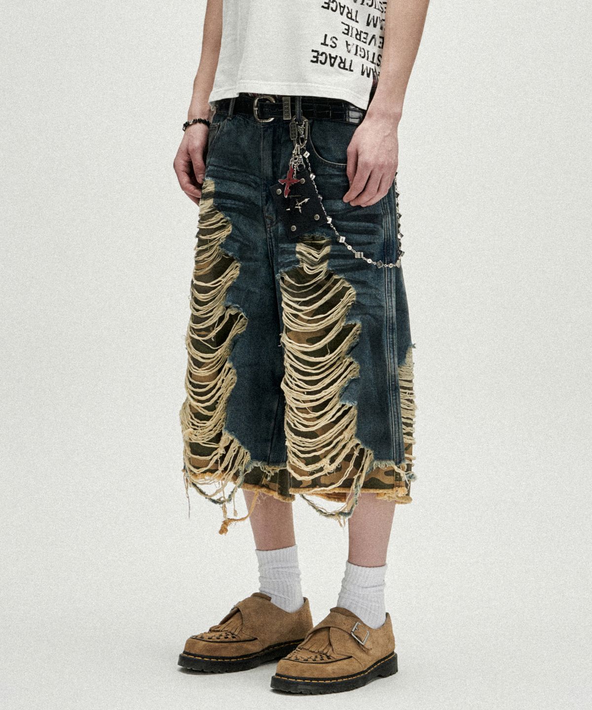낫포너드(NOT4NERD) Camo Layered Distressed Bermuda Denim Shorts - Deep Blue