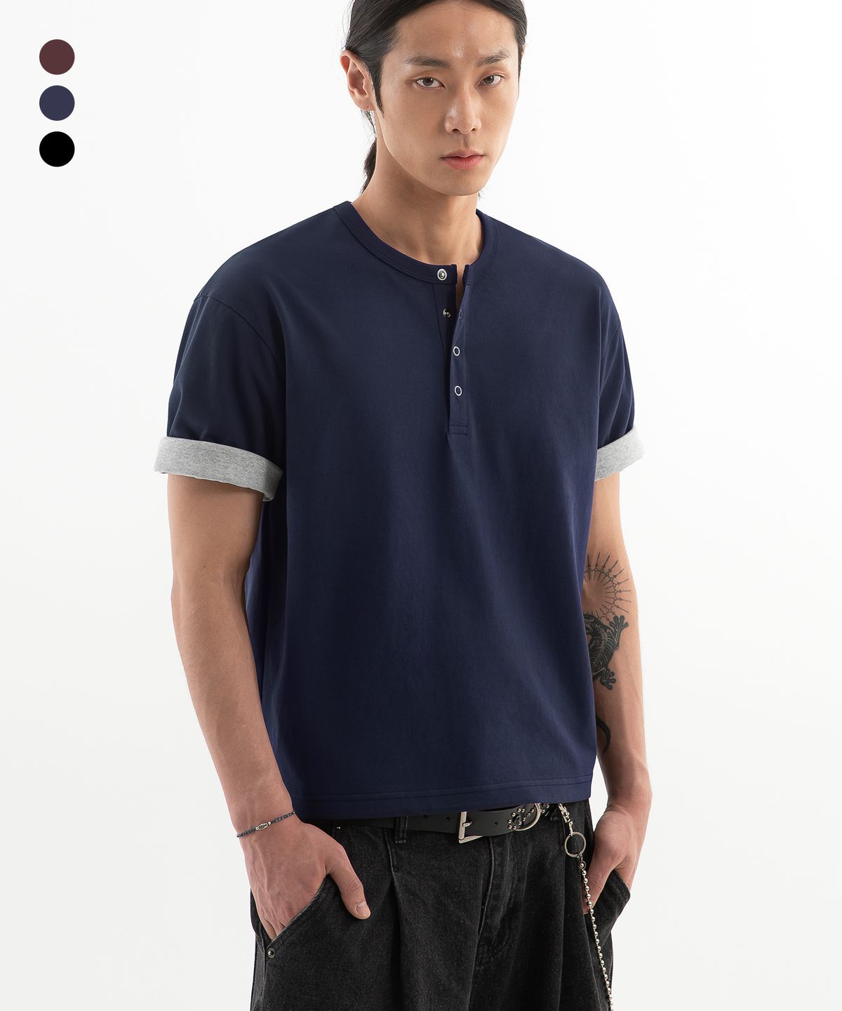브렌슨(BRENSON) 컴포트 배색 롤업 크롭 헨리넥 반팔티 ( 3Color )