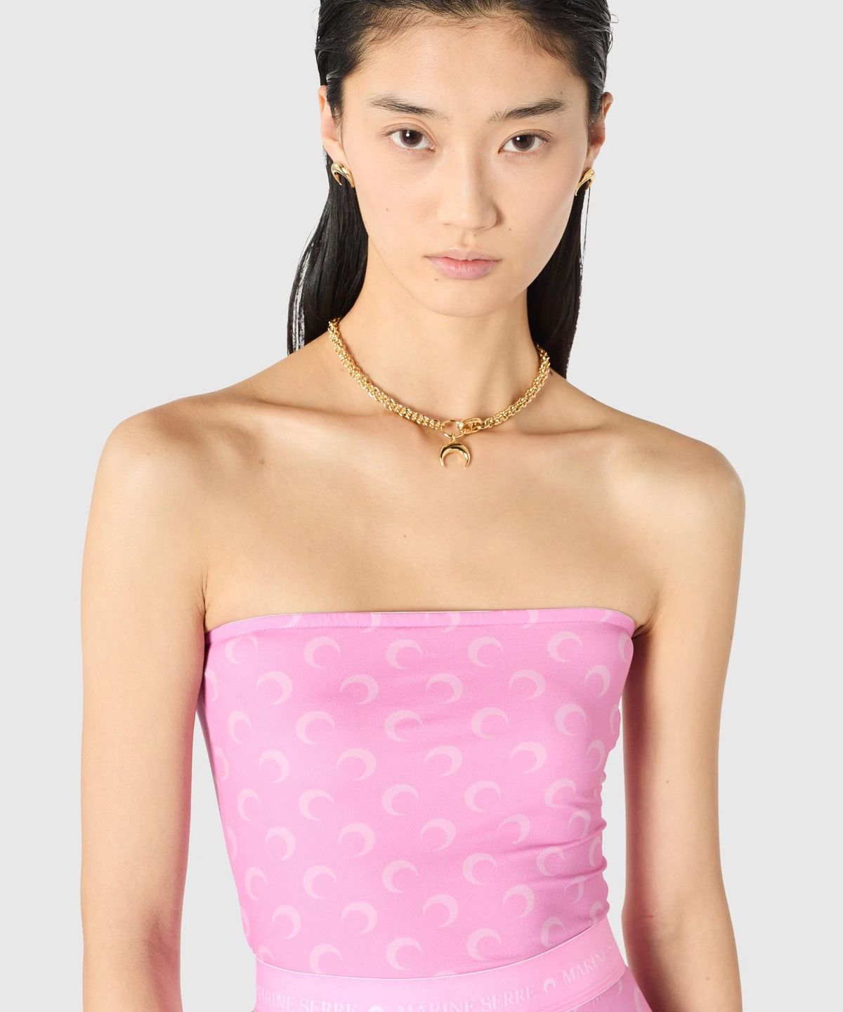 마린 세르(MARINE SERRE) (W) 문 프린티드 저지 뷔스티에 탑 핑크 MOON PRINTED JERSEY BUSTIER TOP PK30 PINK