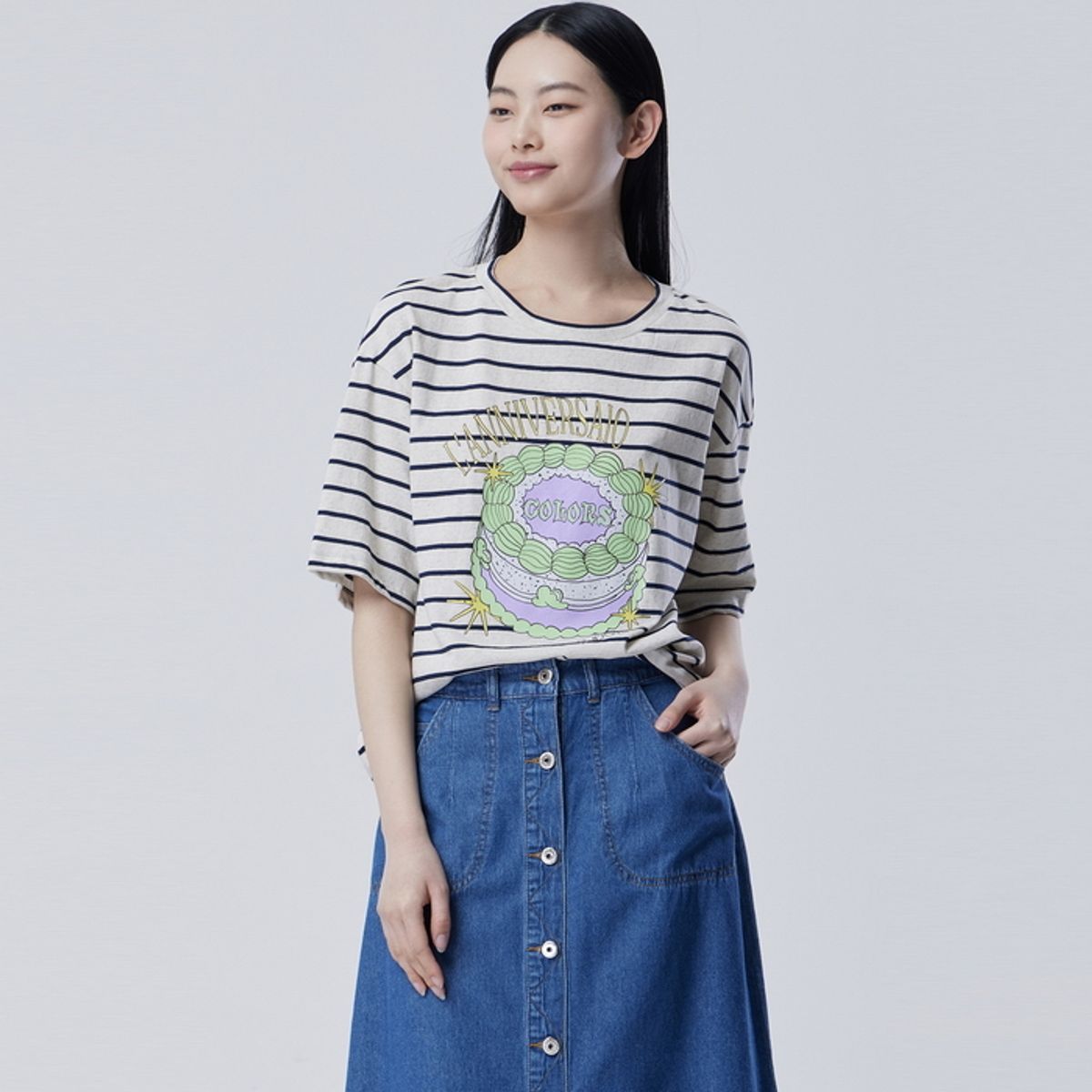 베네통(BENETTON) 프린팅 스트라이프 반팔 티셔츠_BATS99631NY