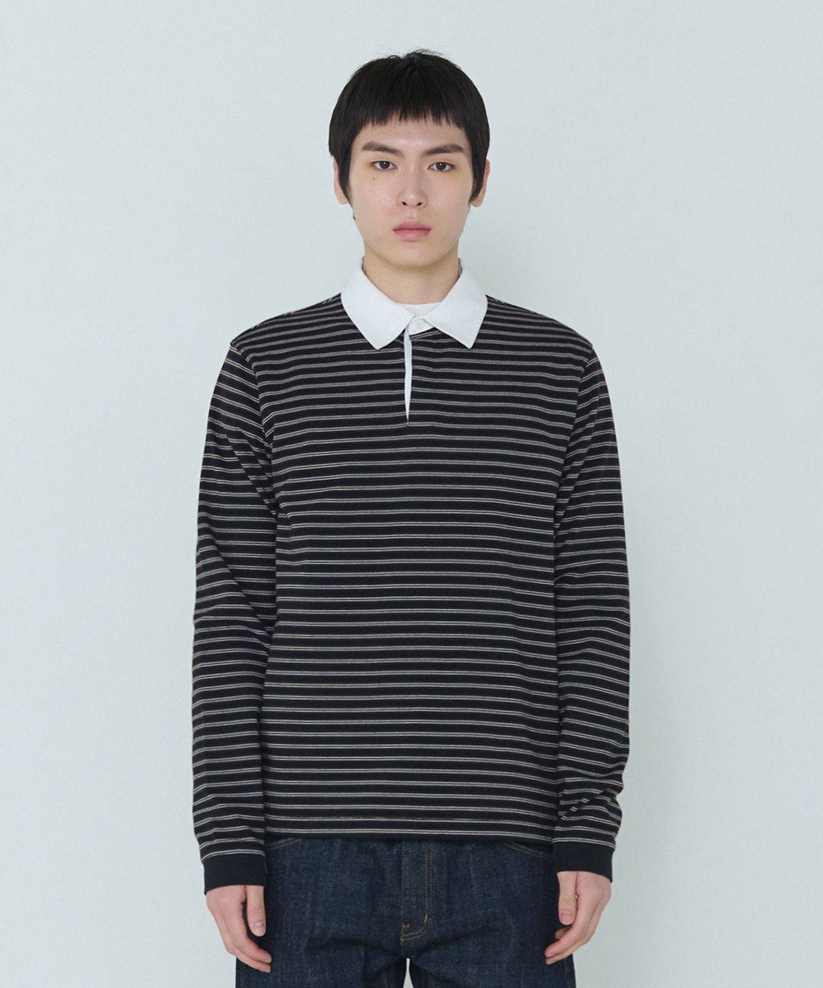 더씽인데어데어(THE THING IN THEIR THERE) Narrow Stripe Rugby Shirts Black