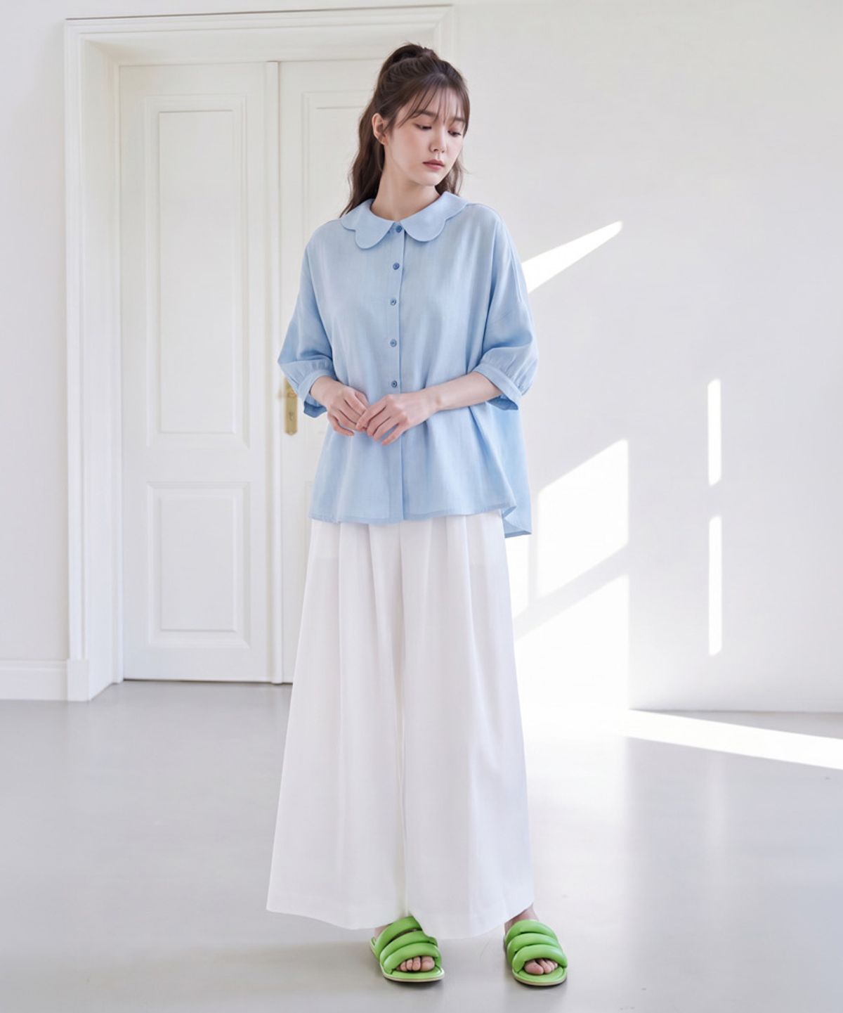엘바이엘(LBYL) 블루 물결 카라 블라우스