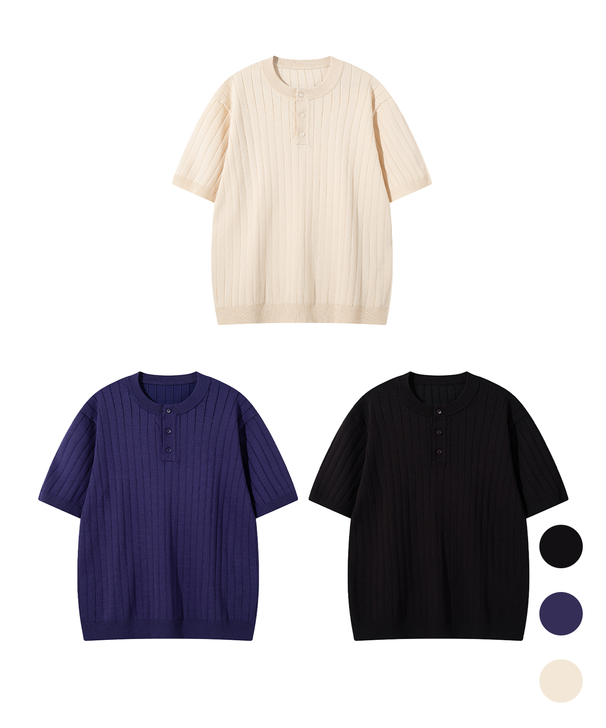 버튼서울(BUTTON SEOUL) 쿨 비스코스 버티컬 골지 헨리넥 하프 니트 (3 COLOR)