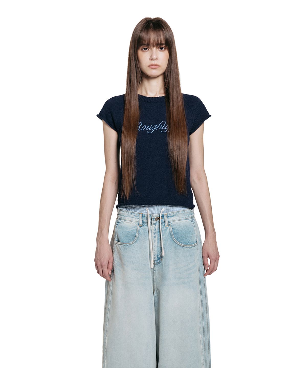 로타입(ROUGHTYPE) Lettering Logo Short-sleeved Knit - Navy
