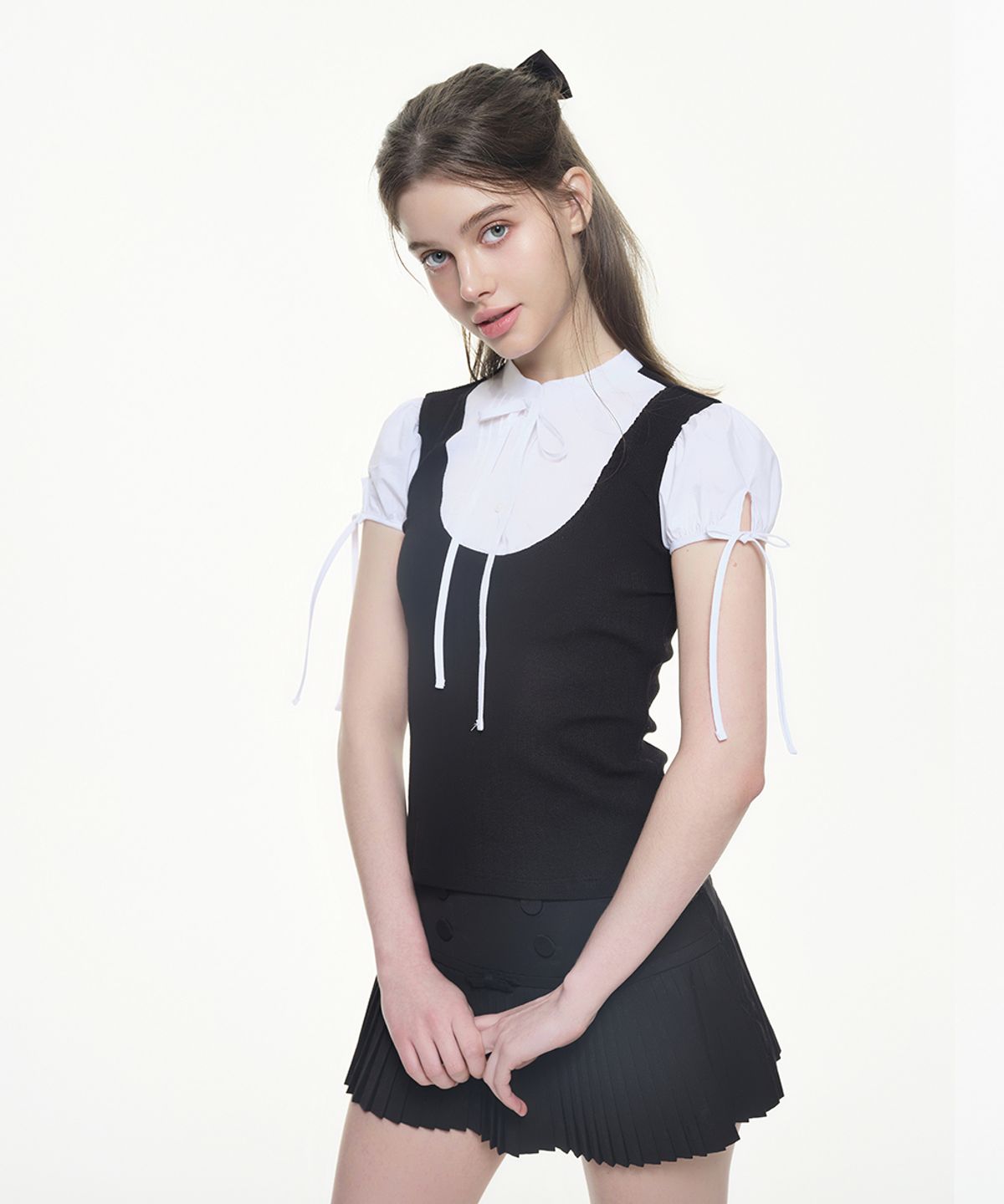 위스페어리(WHISFAIRY) Prep Layered Tie Blouse - BLACK