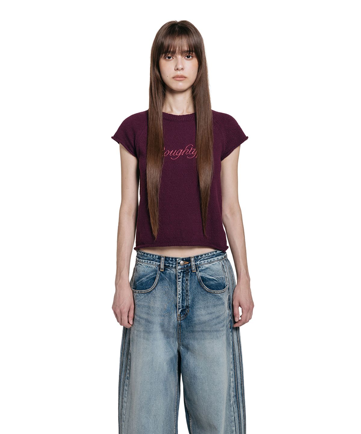 로타입(ROUGHTYPE) Lettering Logo Short-sleeved Knit - Purple