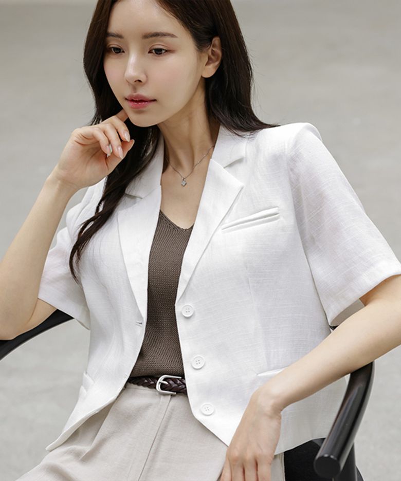 시크로 린넨 세미크롭 반팔 자켓_F6H438JK
