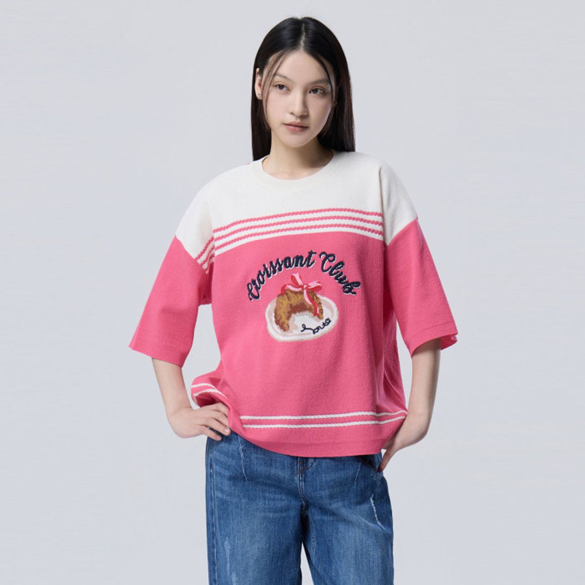 베네통(BENETTON) 리본 크로와상 배색 니트_BAKP09611PK