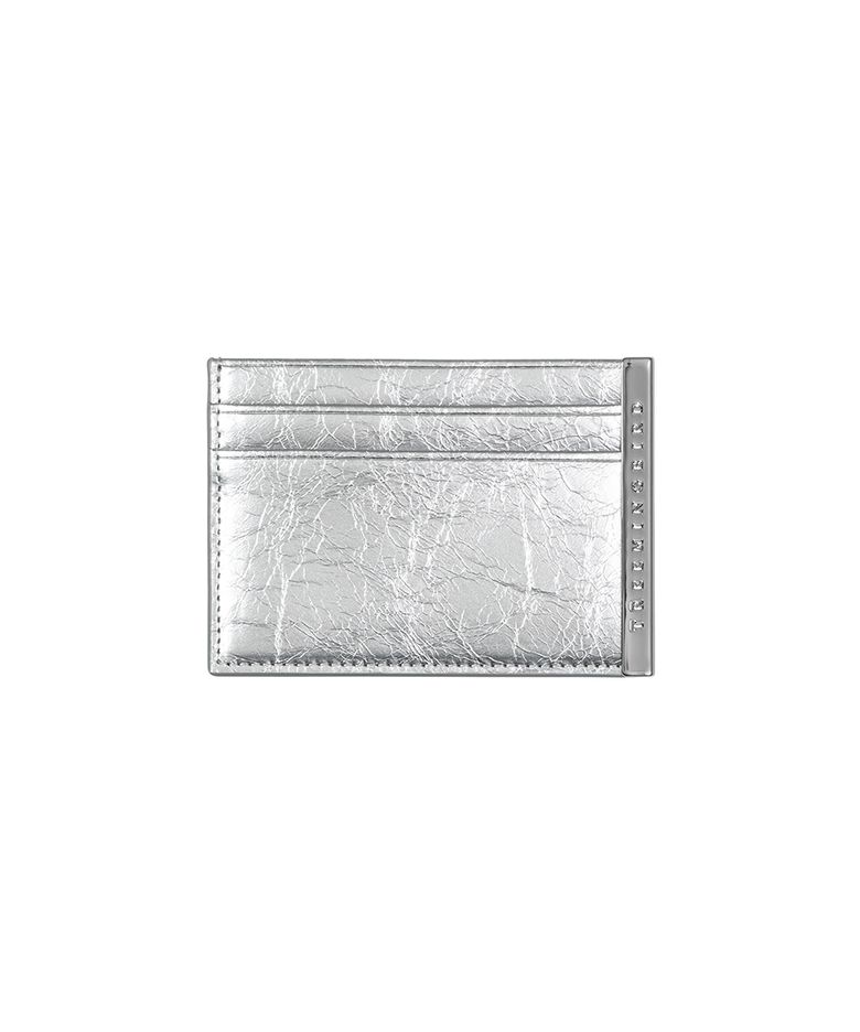 Slim Metal Bar Cowhide Leather Card Wallet [ Silver ]