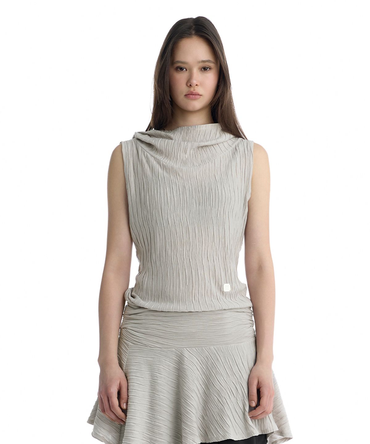 트리밍버드(TREEMINGBIRD) Crinkle Draped Hooded Sleeveless Dress [ Beige ]