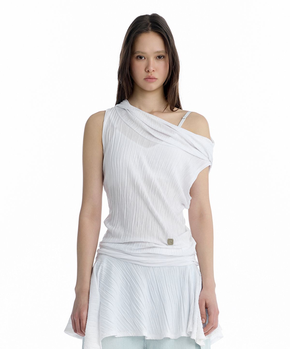 트리밍버드(TREEMINGBIRD) Crinkle Draped Hooded Sleeveless Dress [ White ]