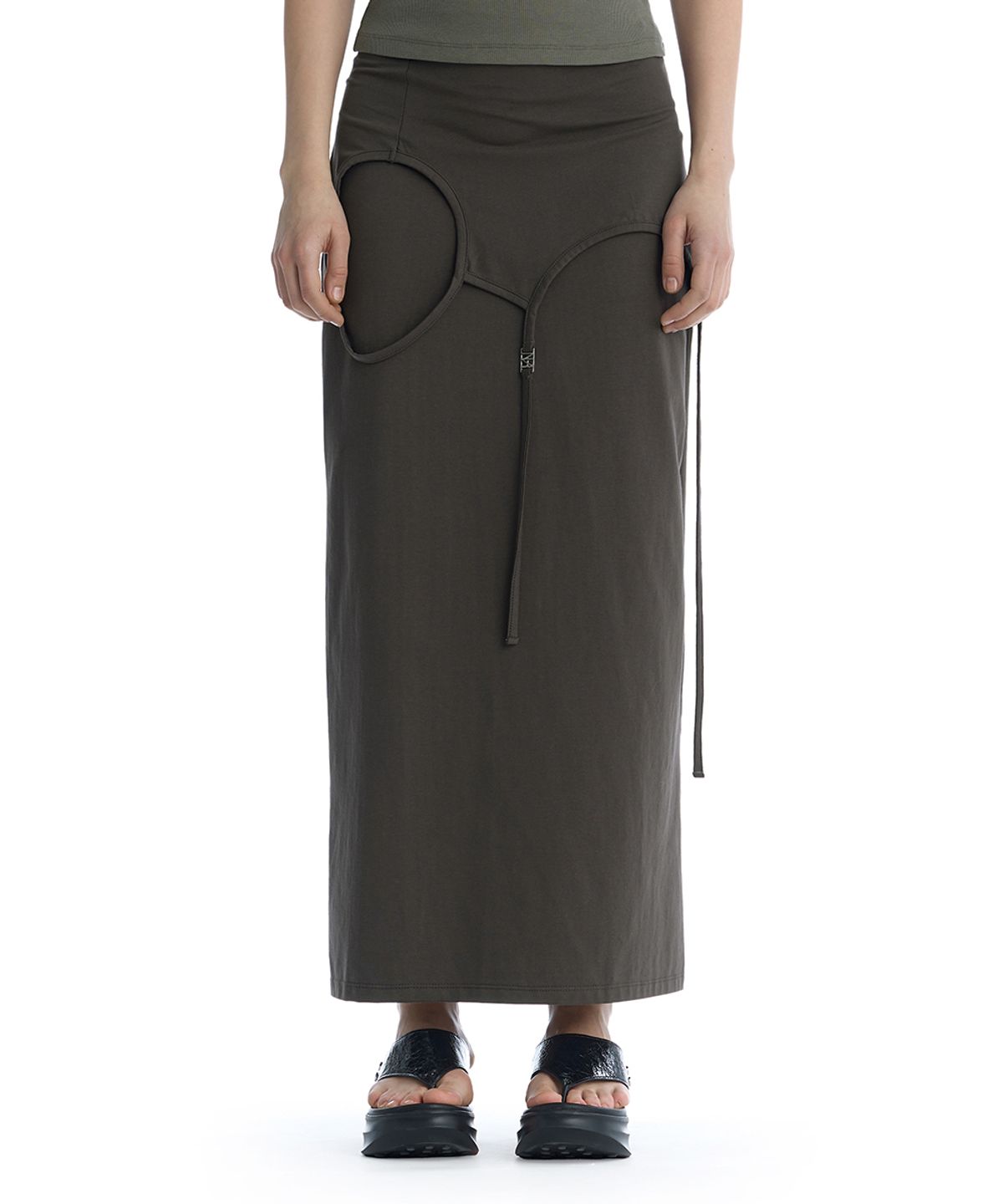 트리밍버드(TREEMINGBIRD) Double Layered Strap Maxi Skirt [ Charcoal ]