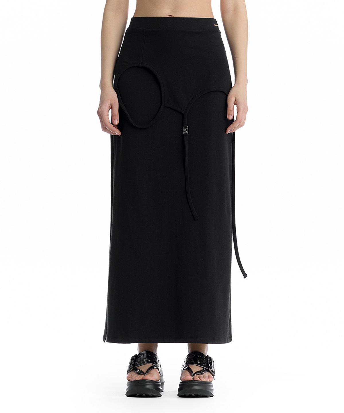트리밍버드(TREEMINGBIRD) Double Layered Strap Maxi Skirt [ Black ]
