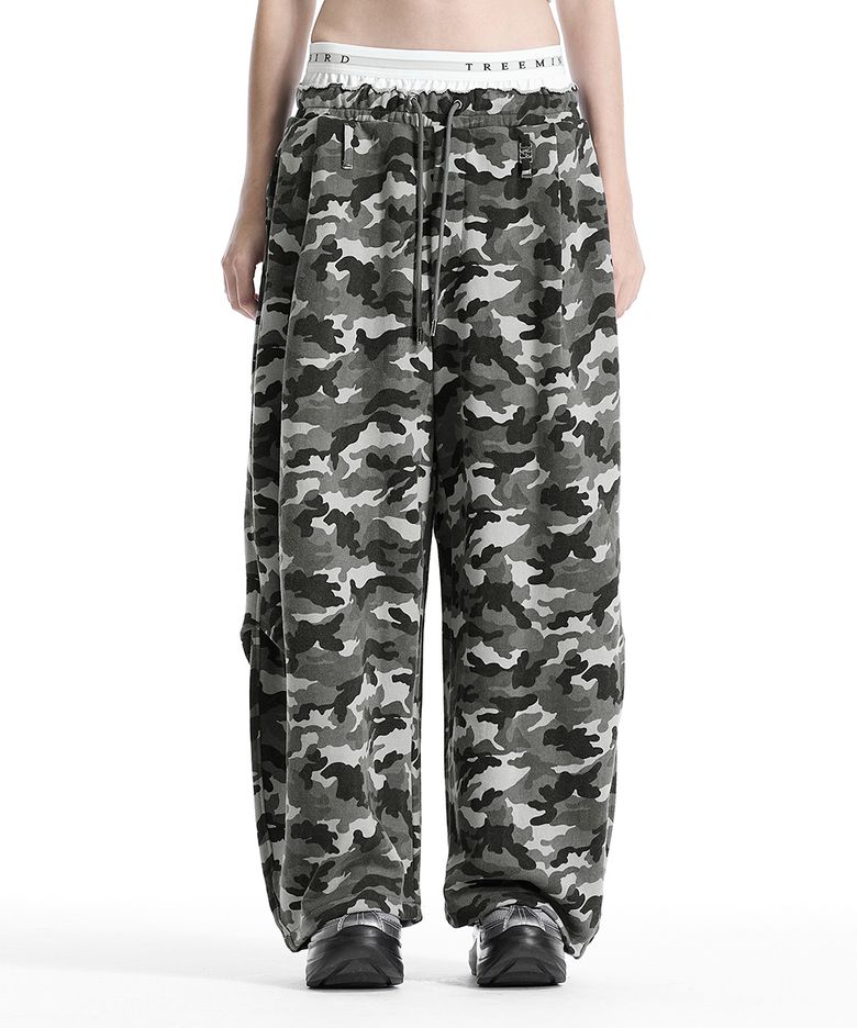 Camo Double Waist Sagging Sweat Pants [ Light Gray ]