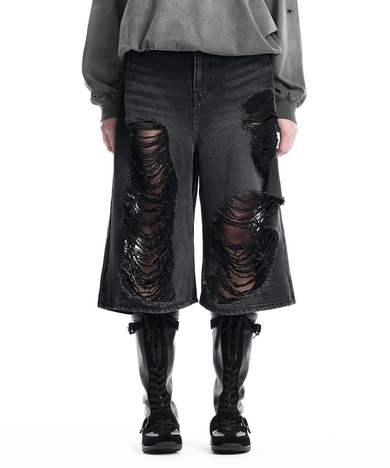 Scratch Damage Denim Shorts [ Black ]