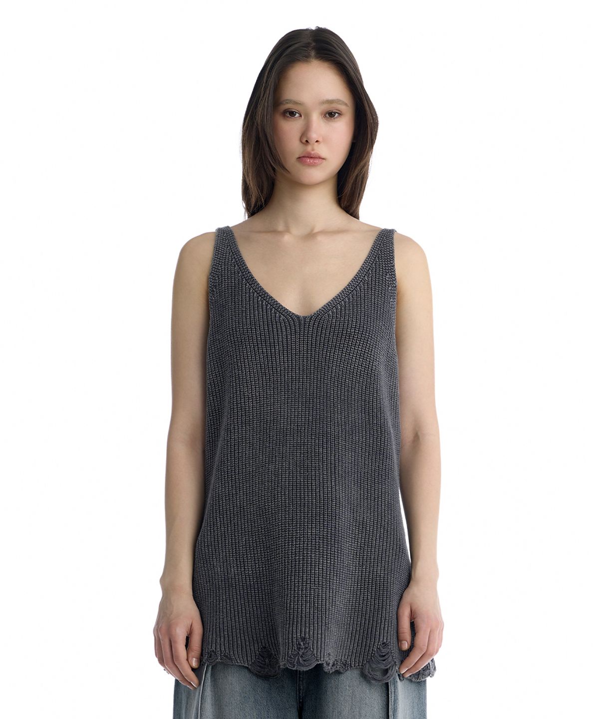 트리밍버드(TREEMINGBIRD) Washed Distressed Sleeveless Knit Top [ Gray ]