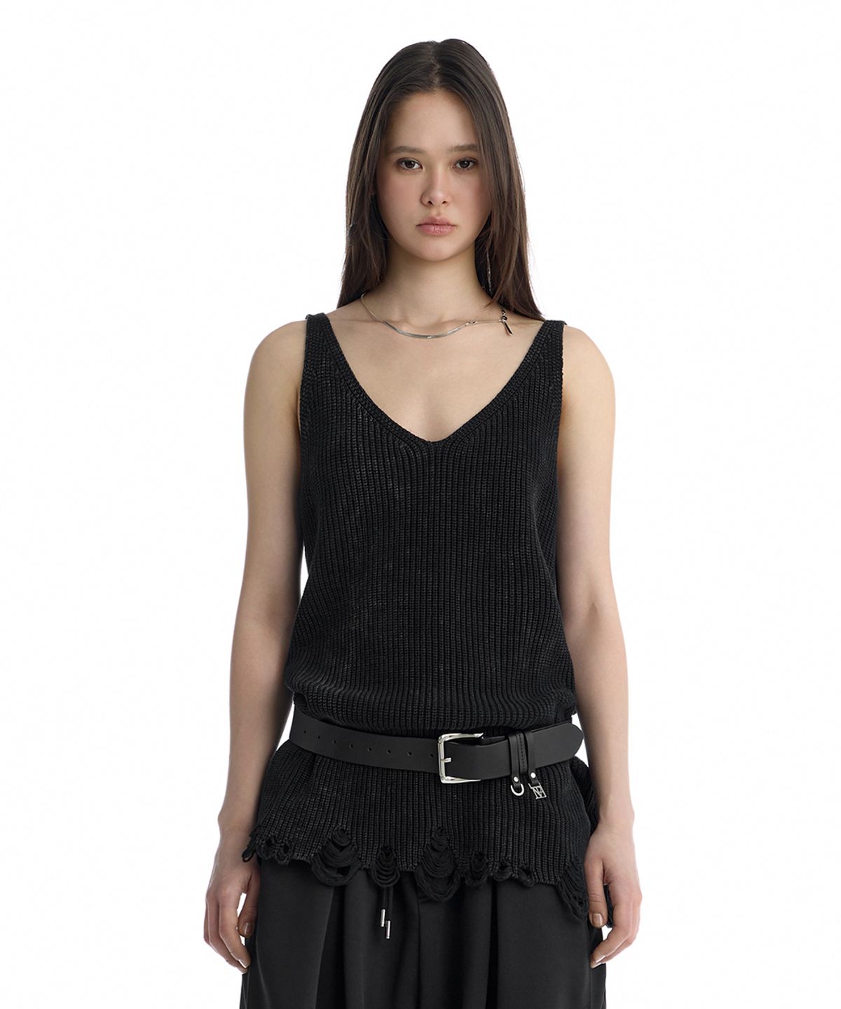 트리밍버드(TREEMINGBIRD) Washed Distressed Sleeveless Knit Top [ Black ]