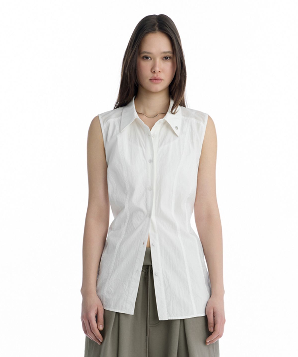 트리밍버드(TREEMINGBIRD) Regular-Fit Side Panel Sleeveless Shirt [ White ]