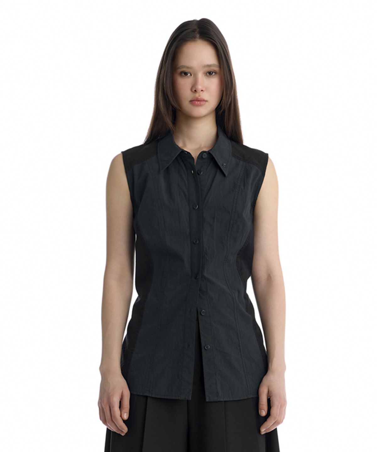 트리밍버드(TREEMINGBIRD) Regular-Fit Side Panel Sleeveless Shirt [ Black ]