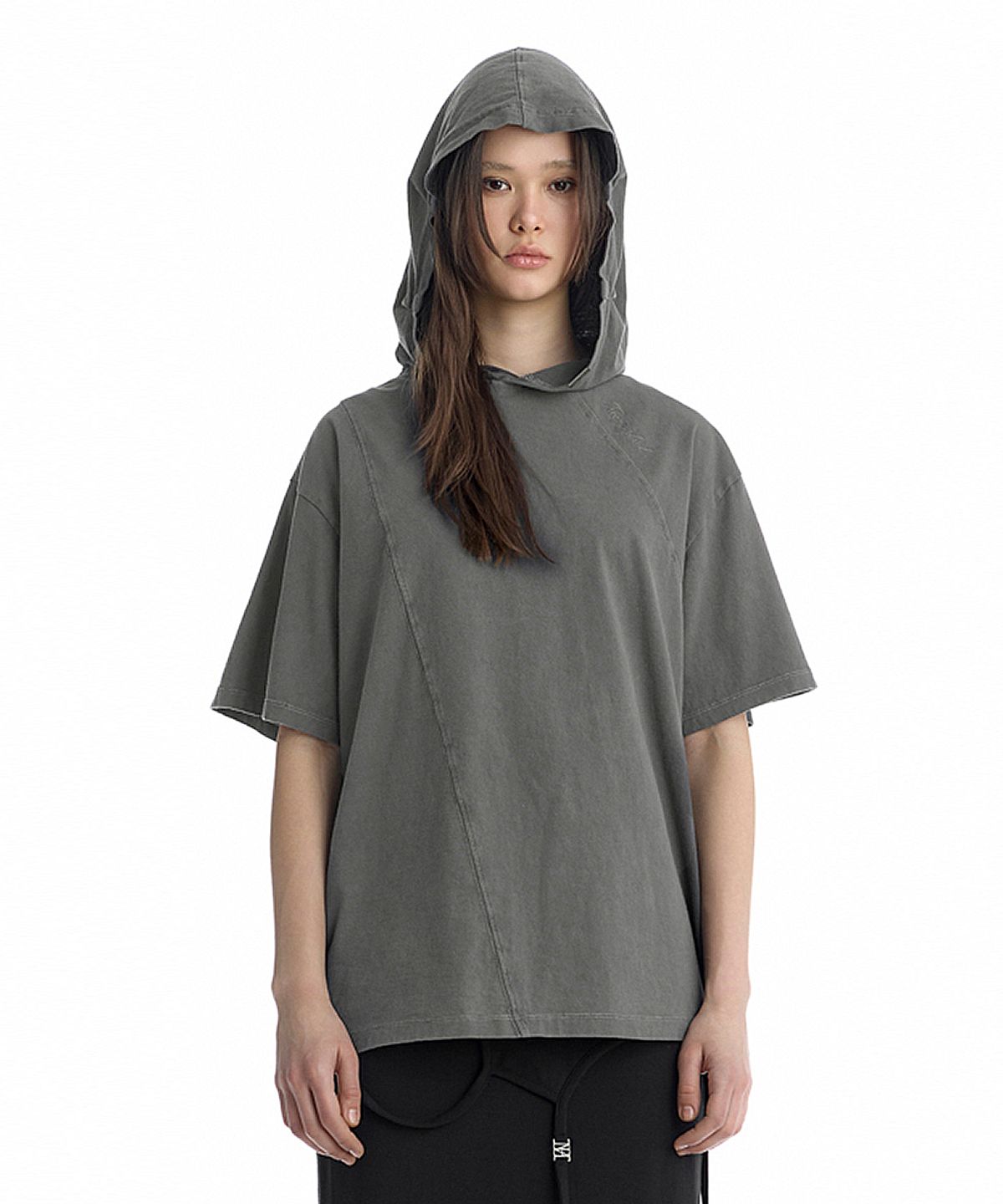 트리밍버드(TREEMINGBIRD) Diagonal Cut-Line Hooded T-Shirt [ Gray ]