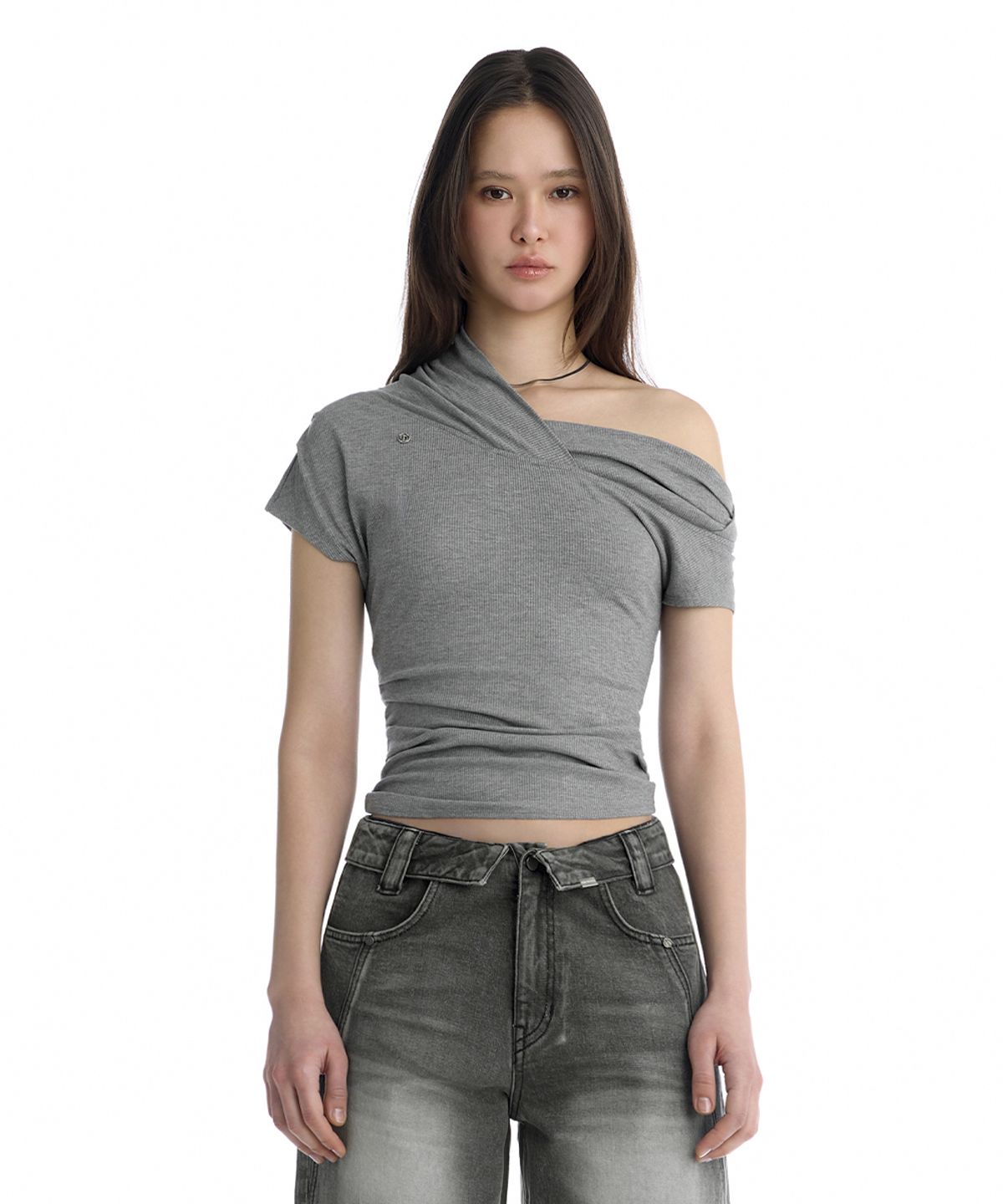 트리밍버드(TREEMINGBIRD) Asymmetric Draped Off-Shoulder Top [ Melange Gray ]