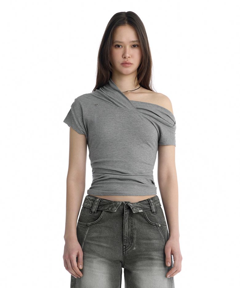 Asymmetric Draped Off-Shoulder Top [ Melange Gray ]
