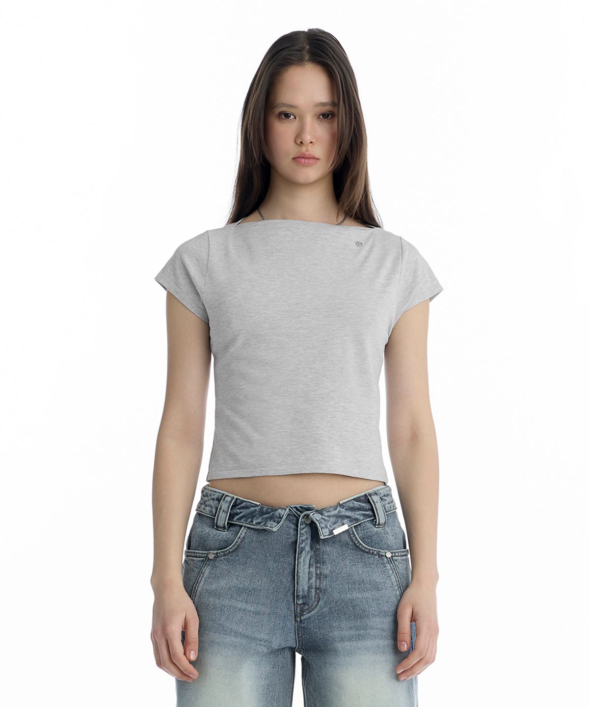 트리밍버드(TREEMINGBIRD) Boat Neck Slim Baby T-Shirt [ Melange Gray ]