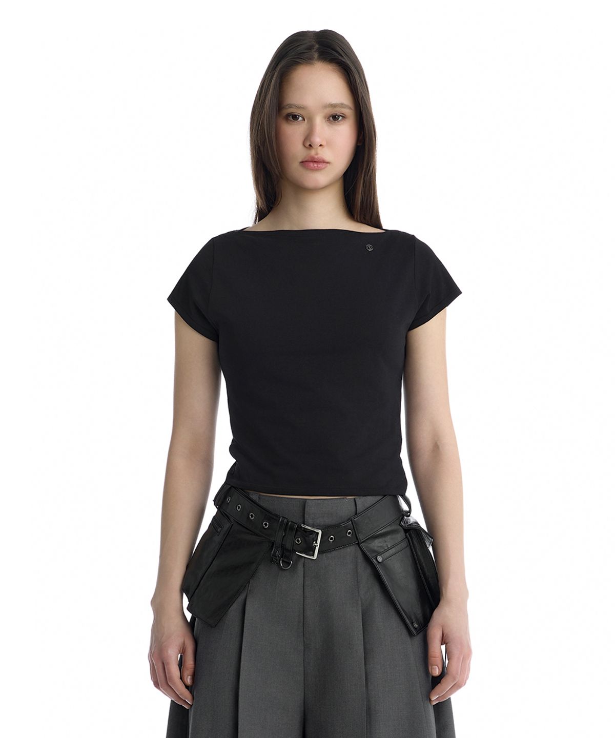 트리밍버드(TREEMINGBIRD) Boat Neck Slim Baby T-Shirt [ Black ]