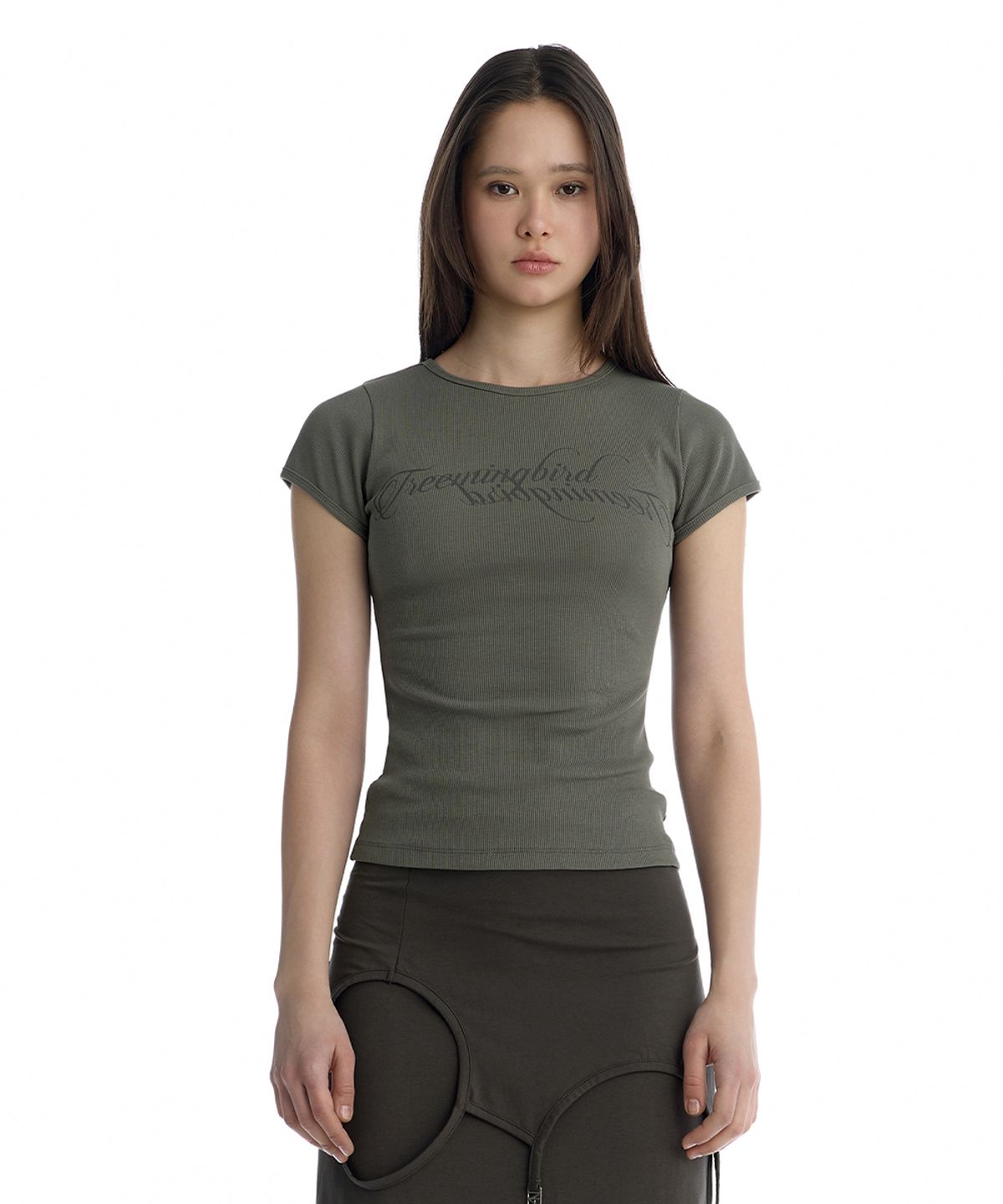 트리밍버드(TREEMINGBIRD) Double Script Logo Ribbed T-Shirt [ Khaki ]
