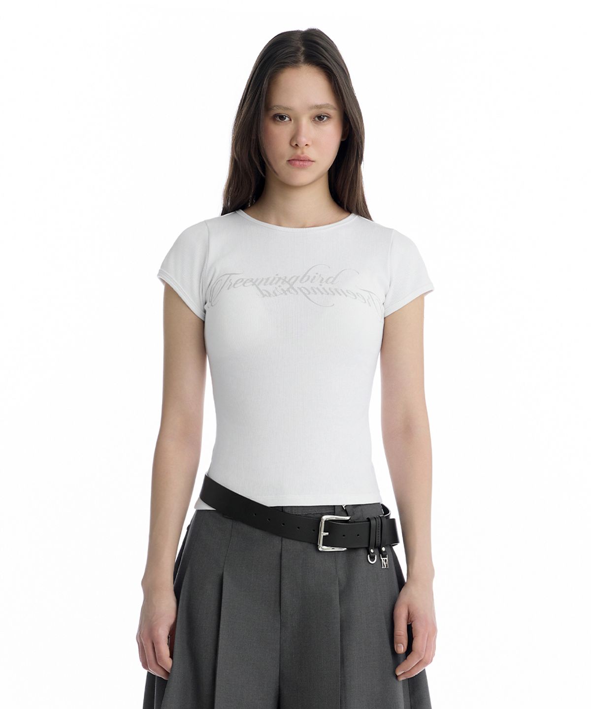 트리밍버드(TREEMINGBIRD) Double Script Logo Ribbed T-Shirt [ White ]