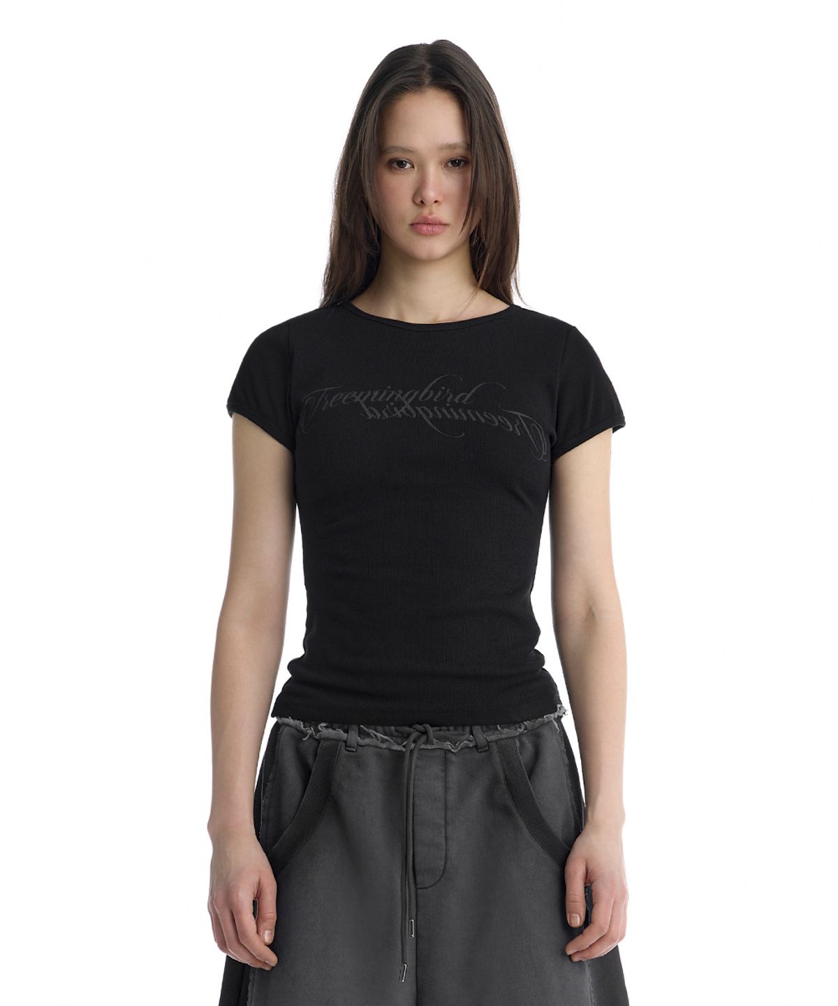 트리밍버드(TREEMINGBIRD) Double Script Logo Ribbed T-Shirt [ Black ]