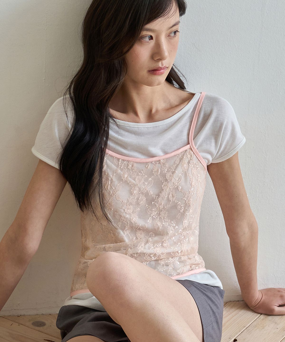 이보크에라(EVOKEERA) Dear Lace Layered Top(Nudy Pink)
