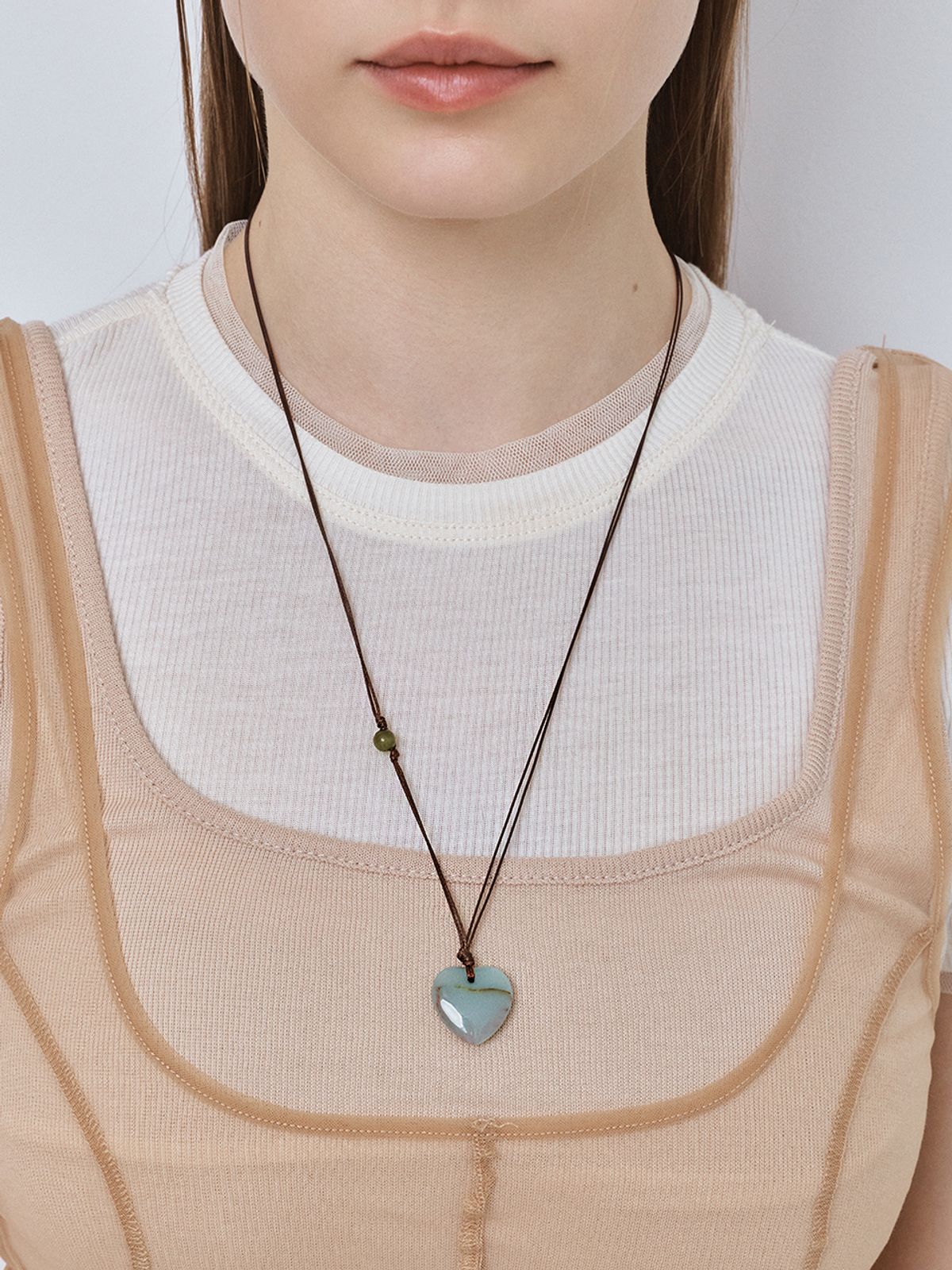 헤이(HEI) heart double string necklace (Mint/Brown)
