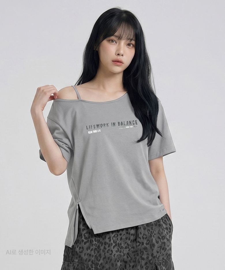 여성) 테이프 오프숄더 반팔 셔츠