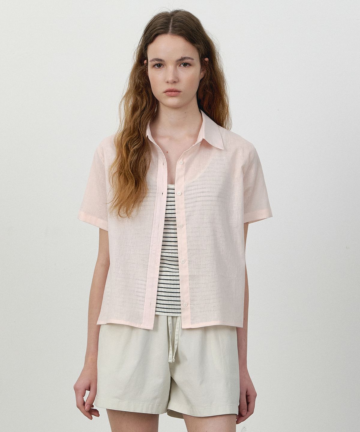 로에일(LOEIL) Natural linen half sleeve shirt_Pink