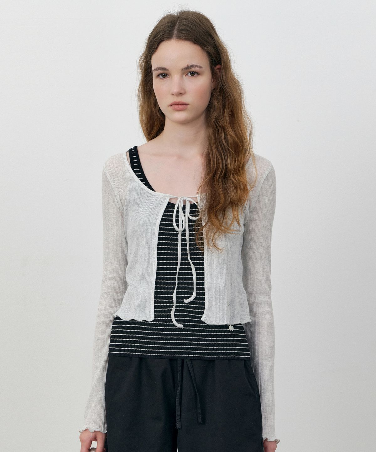 로에일(LOEIL) Tie-front lettuce hem cardigan_Gray